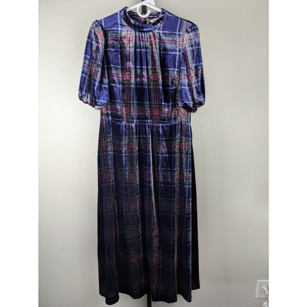 Boden Velvet High Neck Dress Short Puff Sleeve Blue Colorful Plaid - Picture 2 of 10